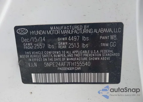 2015 Hyundai Sonata Se z USA, uszkodzony, nr VIN 5NPE24AF7FH155540
